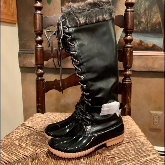✨Faux Fur Trim Knee High Duck Rain Boots ☔️ 6✨ - Picture 1 of 12